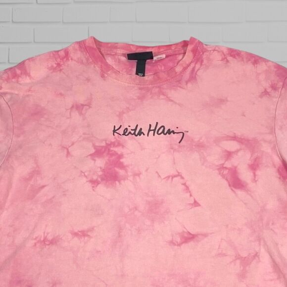 H&M x Keith Haring Mens T Shirt M Pink Relaxed Tie Dye Three Eyed Face Artist - Picture 8 of 9